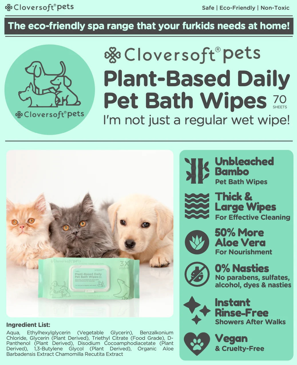 Cloversoft Pets Plant-Based Daily Pet Bath Wipes (70 Sheets)