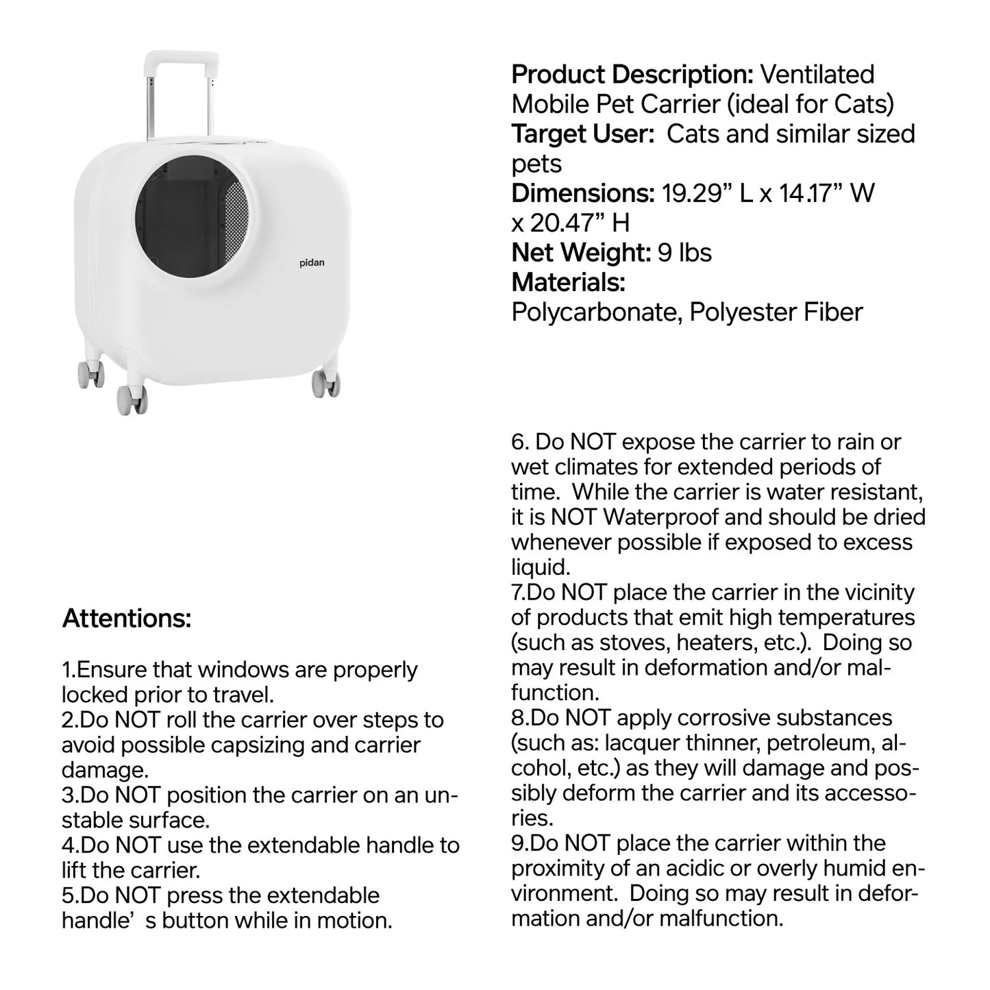 PIDAN Minimalistic Wheeled Pet Carrier Ventilation Type
